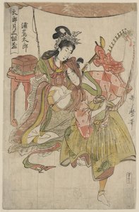 来自三联画《正月酒杯三件套》中的 Urashimataro 1800-01（彩色木刻版画） 作者 北川宇多郎