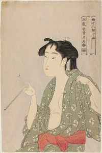 从烟斗中吐烟的女子，选自 "女相十品 "系列 作者 Kitagawa Utamaro