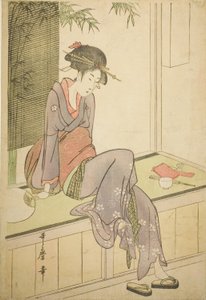 坐在阳台上的女子 作者 北川宇多郎