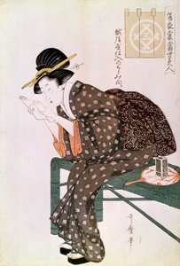 读书的女人。 用越后屋的可丽饼制成。 夏季合奏系列：我们这个时代的美女。””日本版画，北川歌郎（1753-1806）。 1804-1806 年。 暗淡。 0,37x0,25 米。 巴黎，吉美博物馆，亚洲艺术博物馆 作者 北川宇多郎