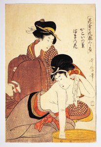 女人在清洗自己，约1803年，北川宇太郎（1753-1806年）的插图，出自《花之觉醒》Kesho Kurabe，Aiban-tate-e木刻，日本文明，江户时代 作者 北川宇多郎