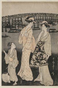 在两国桥附近享受晚间凉爽的妇女 作者 北川宇多郎
