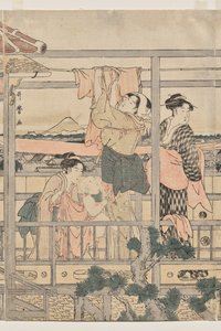 在阳台上晾晒衣物的妇女 作者 北川宇多郎