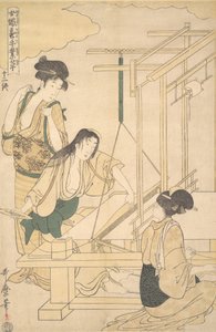 编织丝绸布的妇女，约1800年。 作者 北川宇多郎