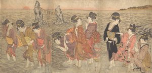 在伊势的双子岩之间祭拜旭日的妇女，18世纪末至19世纪初。 作者 北川宇多郎