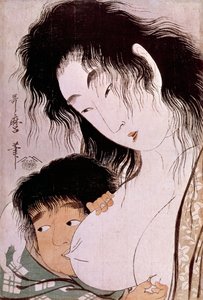 Yamauba和Kintaro：北川宇太郎（1753-1806）的tetee日本版画。太阳。0,37x0,25米，1801-1803。巴黎，吉美博物馆，国立亚洲艺术博物馆 作者 北川宇多郎