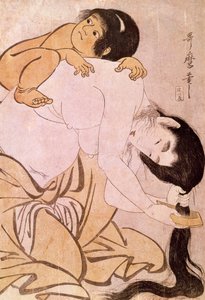 山羽和金时 母亲背着孩子梳头。 日本版画 北川歌马郎（1753-1806）。 18世纪。 巴黎，吉美博物馆，亚洲艺术博物馆