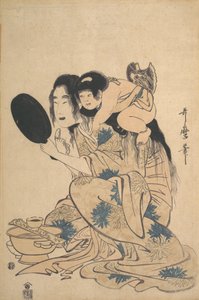 Yamauba黑化她的牙齿和Kintoki，约1795年。 作者 北川宇多郎