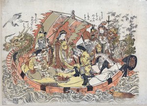Sept Divinites du Bonheur - 七幸运神 par Kitao, Shigemasa (1739-1820)，1775 年至 1780 年间 - 彩色亚麻布，32,6x46,1 - 私人收藏 作者 北尾重正