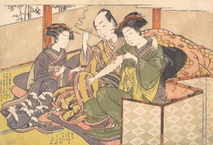 仆人在艺伎的手臂上涂抹药物，18世纪末。