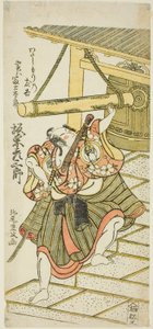 1767 年 9 月在中村剧场上演的话剧 "正明武馆之金 "中，饰演藤太郎的演员万户彦三郎二世乔装成摆渡人友吉。