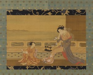 两个女孩在阳台上俯瞰大海，江户时期，1739-1820。