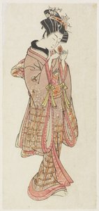 检查地面樱桃的少妇，18世纪末（颜色木刻印刷品） 作者 北尾重正