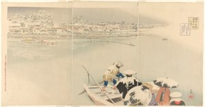 第二个月：黄昏雪中的松知山（Kisaragi, Matsuchiyama yuki no tasogare），出自《东京名胜真面目》系列（Tokyo meisho shinkei no uchi）。 作者 小林清史