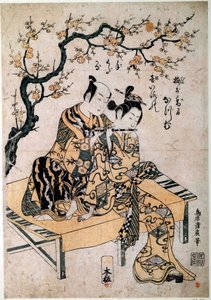 日本艺术：一位音乐家向一位年轻女子赠送了一支长笛。 Kiyohiro Torii (1737-1766) 印刷 18 世纪巴黎，B.N. 作者 鸟居清宏
