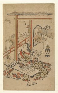 女子在桌旁阅读《源氏物语》。 作者 Kiyomasu (I) , Torii (归属于)