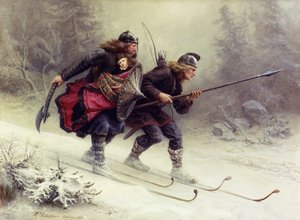 挪威国王斯韦尔的士兵托尔斯坦-斯凯夫拉（Torstein Skevla）和斯克耶瓦尔德-斯克鲁克卡（Skjervald Skrukka）抬着国王的儿子哈康-哈康森（Hakon Hakonsson）。