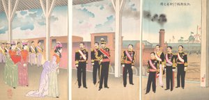 天皇抵达新桥车站的插图，跟随胜利的盖斯......，1895年。 作者 小林清一