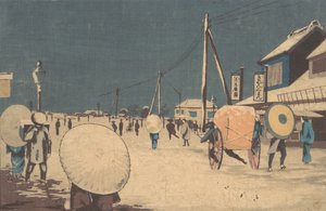 江户郊区冬季傍晚的街景，约1878年。 作者 小林清一