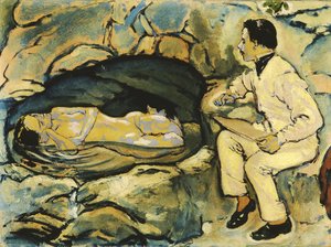 自画像，与美人鱼在岩洞中绘画，1914年。 作者 科洛曼·莫泽（Koloman Moser）