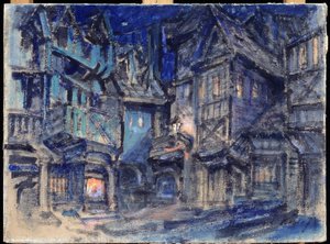 Projet de decor pour le ballet Esmeralda de Anton Simon (1851-1916)（安东-西蒙芭蕾舞剧《埃斯梅拉尔达》的舞台设计）。Oeuvre de Konstantin Alexeyevich Korovin (Constantin Korovine) (1861-1939)，纸盒上的钢笔画 作者 康斯坦丁·阿列克谢耶维奇·科罗文