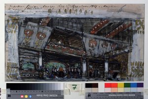 Projet de decor pour le ballet Le Poisson Dore de Ludwig (Leon) Minkus (1826-1917)（L.Minkus 的芭蕾舞剧《金鱼》的舞台设计）。Oeuvre de Konstantin Alexeyevich Korovin (Constantin Korovine) (1861-1939), tempera, encre or et argent sur carton 作者 康斯坦丁·阿列克谢耶维奇·科罗文