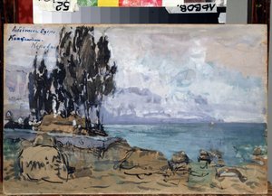 P. 柴可夫斯基（1840-1893 年）芭蕾舞剧《天鹅湖》的舞台设计。风景：湖边的树木。康斯坦丁-阿列克谢耶维奇-柯罗文（康斯坦丁-柯罗 作者 康斯坦丁·阿列克谢耶维奇·科罗文
