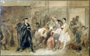 Derriere le rideau dans le theatre serf - Oeuvre de Konstantin Alexandrovich Trutovsky (Troutovsky) (1826-1893) - Behind the curtain in the serf theatre - Aquarelle sur papier - Art russe