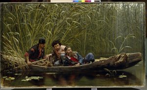 肮脏的人描绘了三名走私犯，他们小心翼翼地潜伏在芦苇丛中伪装的小船上。康斯坦丁-阿波罗诺维奇-萨维茨基（1844-1905 年）的画作，布面油画