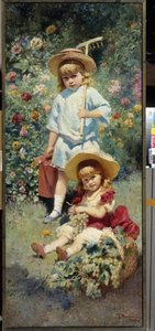 艺术家子女的肖像。画中描绘的是一个盛开的夏日花园，长子手持耙子和浇水壶，幼子坐在草地上，旁边是一个装满葡萄串的篮子。康斯特的画作 作者 康斯坦丁·埃戈罗维奇·马科夫斯基