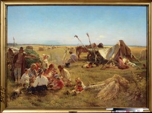 丰收时节的农家饭。康斯坦丁-叶戈罗维奇-马科夫斯基（Constantin Makovski）（1839-1915 年）的画作，布面油画 作者 康斯坦丁·埃戈罗维奇·马科夫斯基