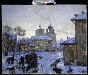 冬末俄罗斯村庄的“解冻”景观。 康斯坦丁 (Constantin) Gorbatov (1876-1945) 绘画 1910 M. Kroshitsky 艺术博物馆，塞瓦斯托波尔