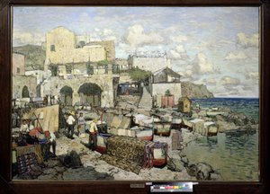 卡普里岛（意大利）的景色。 （卡普里岛的景色）。 康斯坦丁 (Constantin) Ivanovich Gorbatov (1876-1945) 的绘画，布面油画。 20世纪俄罗斯艺术，现实主义。 W.Wereshchagin 地区艺术博物馆，尼古拉耶夫（或乌克兰尼古拉耶夫）