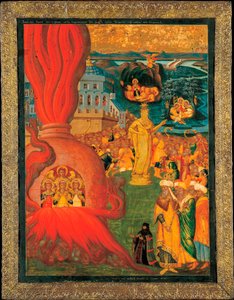 火炉中的三个年轻人：巴比伦王尼布甲尼撒为了惩罚他们拒绝向金偶像低头，判处但以理和他的朋友们在火炉中被活活烧死，天使在火炉中救了同伴们 - Konstan 绘制的图标 作者 康斯坦丁斯肾上腺皮质炎