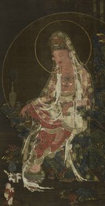 悬挂的卷轴描绘了一个坐落在天堂花园，Koryô王朝（丝绸上的墨水，颜色和金色）的柳枝观世音菩萨（KwanseûmPosal）