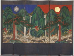 风景（面板上的蛋彩画和金箔） 作者 韩国学校