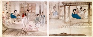 Art coreen：艺妓屋里的场景。 1758 年印刷。私人收藏。