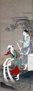 三岛水晶河畔的二美人（水墨、五彩、绢本设色） 作者 久保申曼