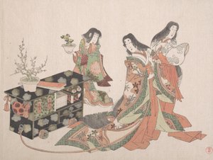 宫廷女郎在地板上拖着一个柜子，19世纪。 作者 久保顺曼