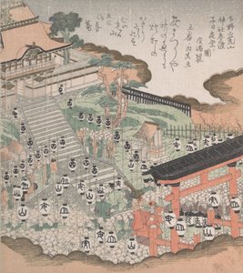 在福田原神社前观看节日舞蹈的人群，19世纪。 作者 久保顺曼