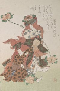 两个舞者在表演 "Shakkyomono "歌舞伎舞蹈......，约1805-10。 作者 久保顺曼