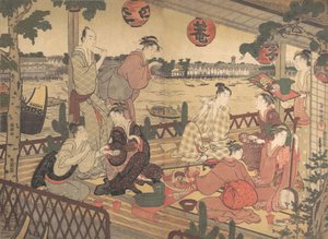 两个年轻人和几个女人在隅田川岸边的茶馆用餐，约1788年。 作者 久保顺曼