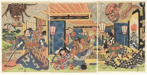 源赖光和他的随从打败土蜘蛛》，约 1804-1818 年（木版画（nishiki-e）；纸上墨水和色彩）