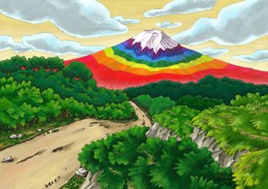 单行道和彩虹色的富士山，2023 年（数字绘画）