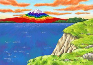 悬崖上的彩虹色富士山，2023 年（数字绘画）