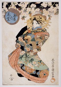 玉屋茶馆的名妓花村崎，1830 年，歌川国富（活跃于 1810-1830 年）的浮世绘艺术版画，Oban-tate-e 木刻，38.2x26.5 厘米，日本文明 作者 歌川国美