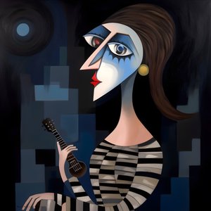 3D woman troubadour with her guitar in the night moon lights  1