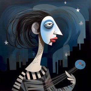 夜晚月光下抱着吉他的 3D 女游吟诗人 3