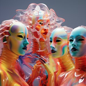 6 名女性，戴着 3D 参数化荧光塑料面具，处于超现实和参数化的未来建筑中，2