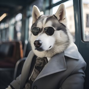 西装革履、戴着墨镜的西伯利亚雪橇犬在公交车站像个绅士 1